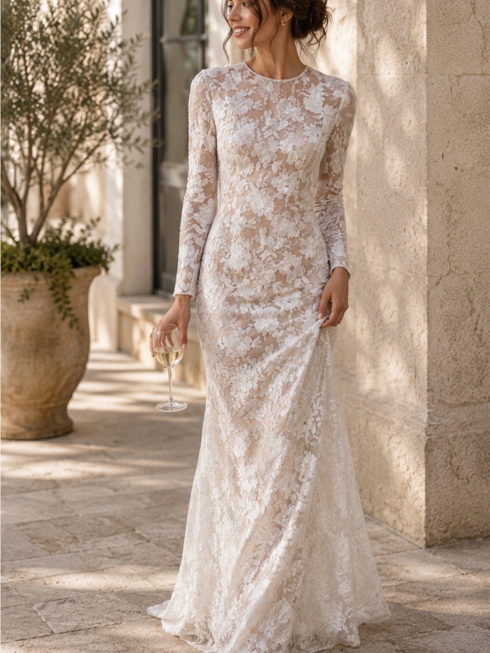 Nadine Merabi Sasha White Maxi Dress Long Sleeve Lace Floor Length